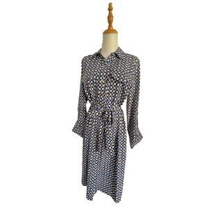Women's Shirt Dress Sz L Long Sleeve Geo-Print Belted Blue Black NY Collection